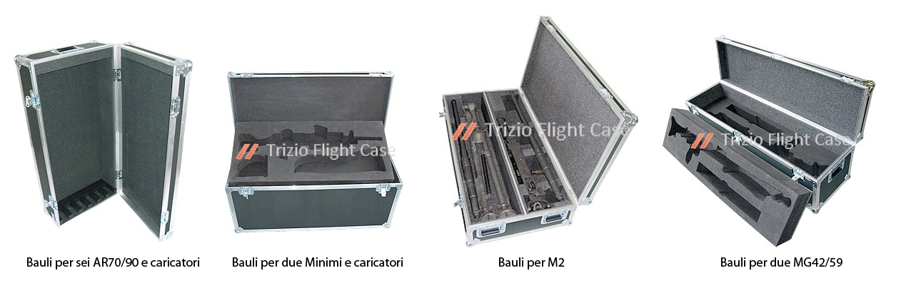 Cassa, bauli per trasportare sei AR70/90 e caricatori, due Minimi e caricatori, M2, due MG42/59